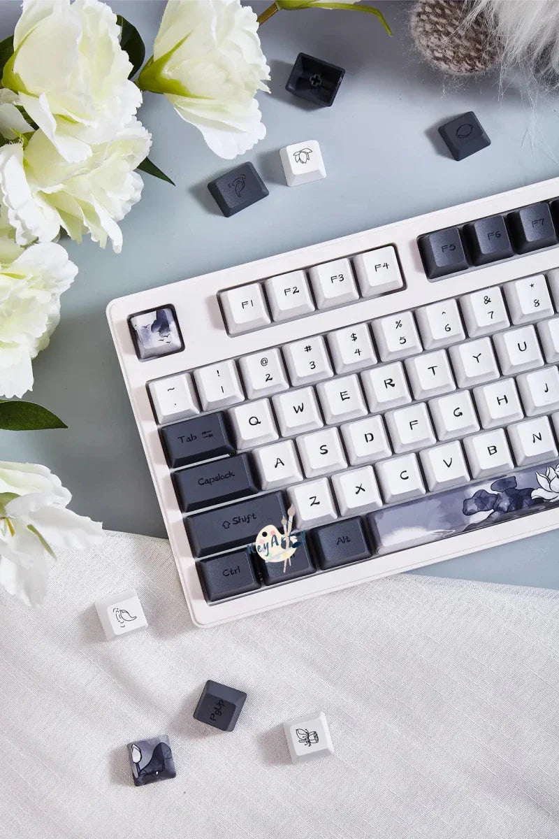 Cool Black White Lotus PBT OEM ISO Keycap Set