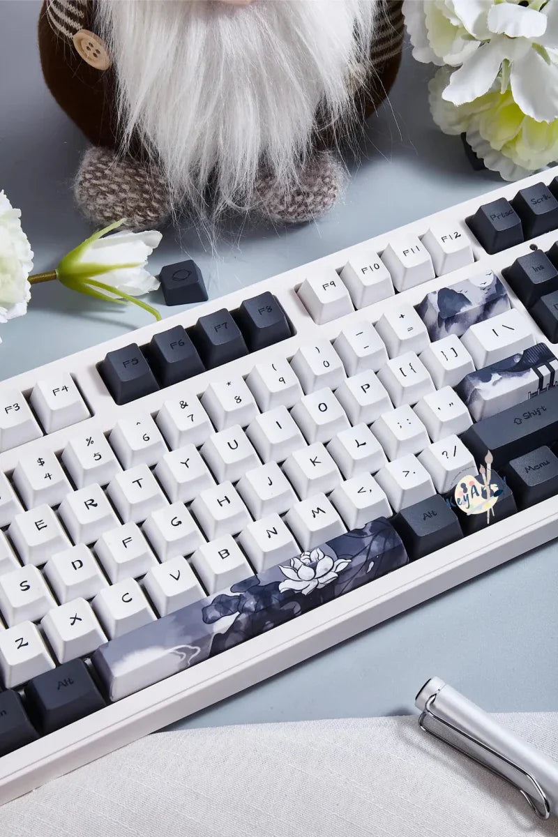 Cool Black White Lotus PBT OEM ISO Keycap Set