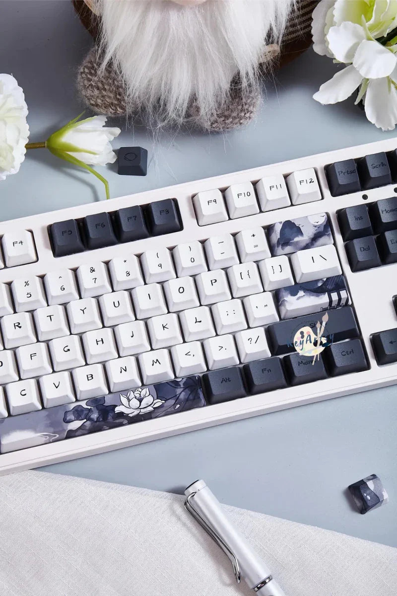 Cool Black White Lotus PBT OEM ISO Keycap Set