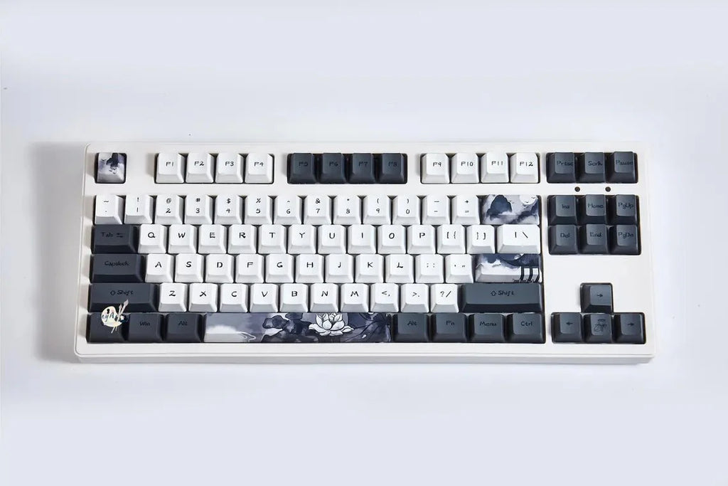 Cool Black White Lotus PBT OEM ISO Keycap Set