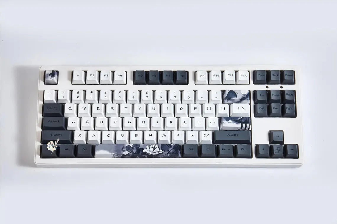 Cool Black White Lotus PBT OEM ISO Keycap Set