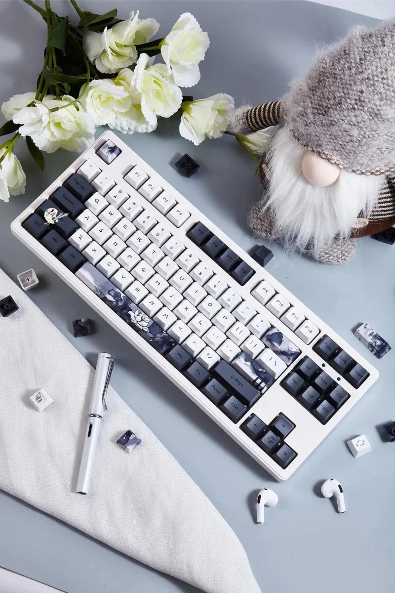 Cool Black White Lotus PBT OEM ISO Keycap Set
