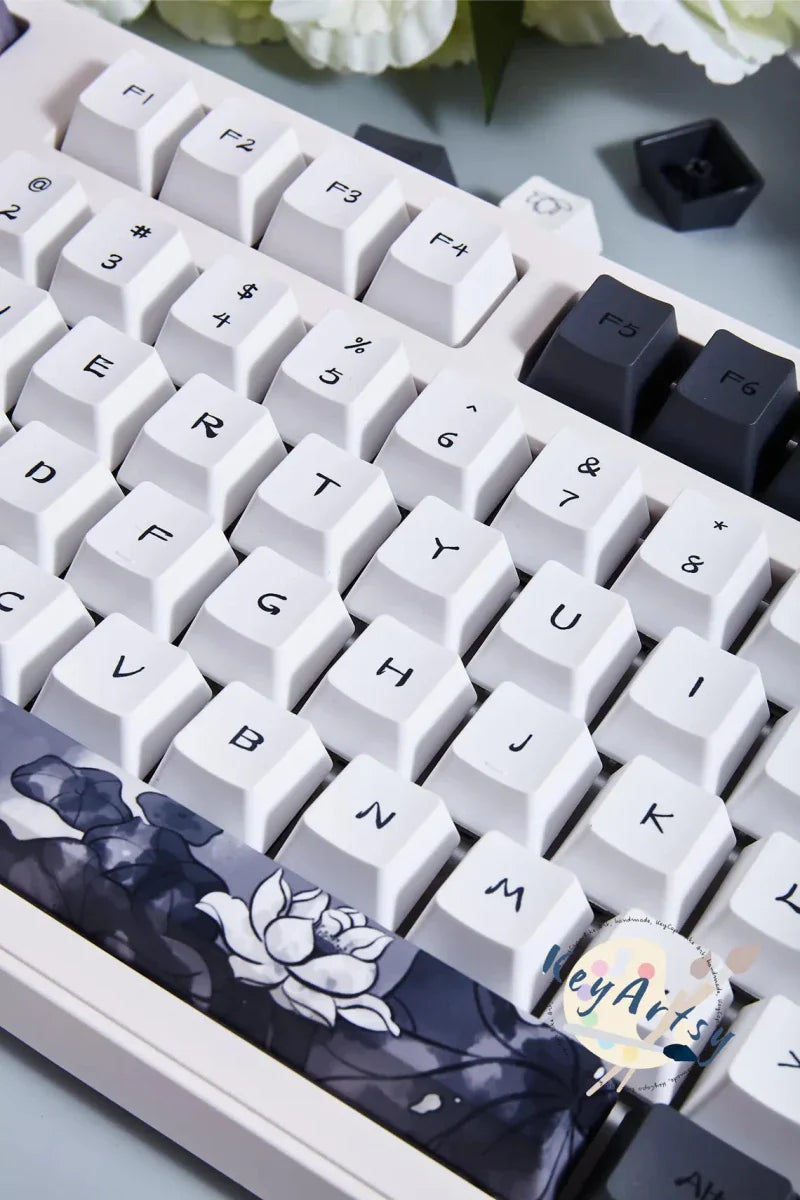 Cool Black White Lotus PBT OEM ISO Keycap Set
