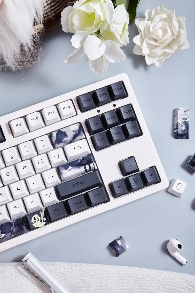 Cool Black White Lotus PBT OEM ISO Keycap Set