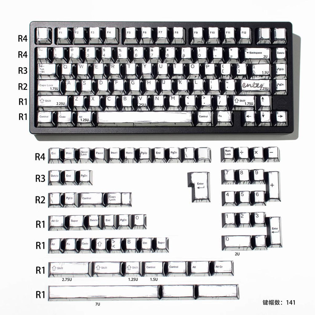 Cool Manga Theme Black & White Graffiti Keycap Set