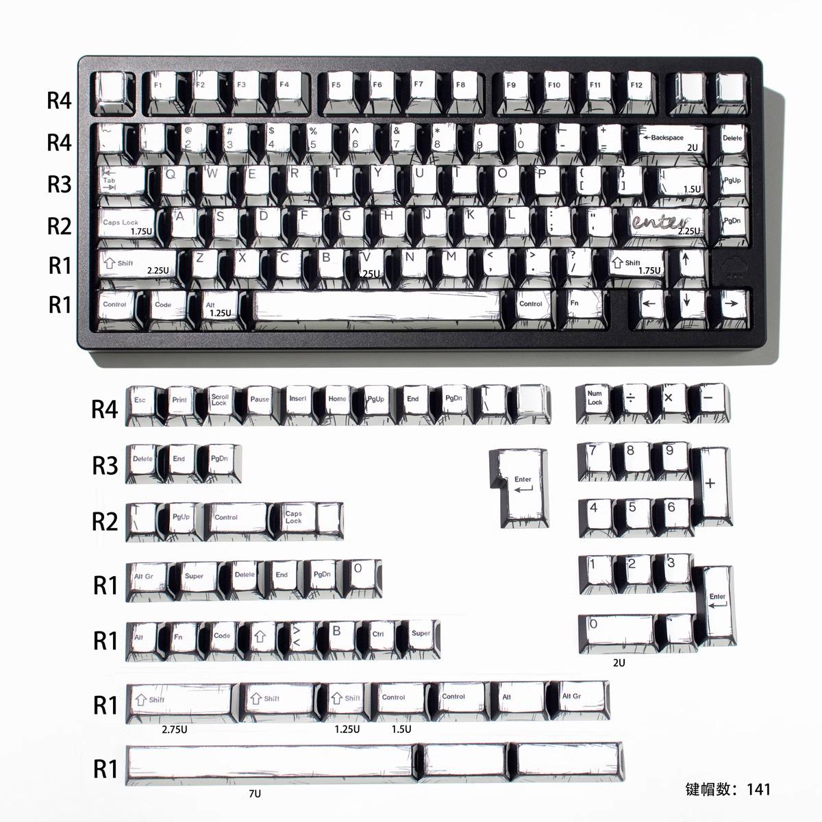 Cool Manga Theme Black & White Graffiti Keycap Set