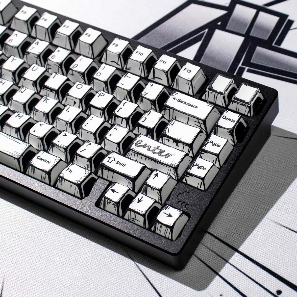 Cool Manga Theme Black & White Graffiti Keycap Set