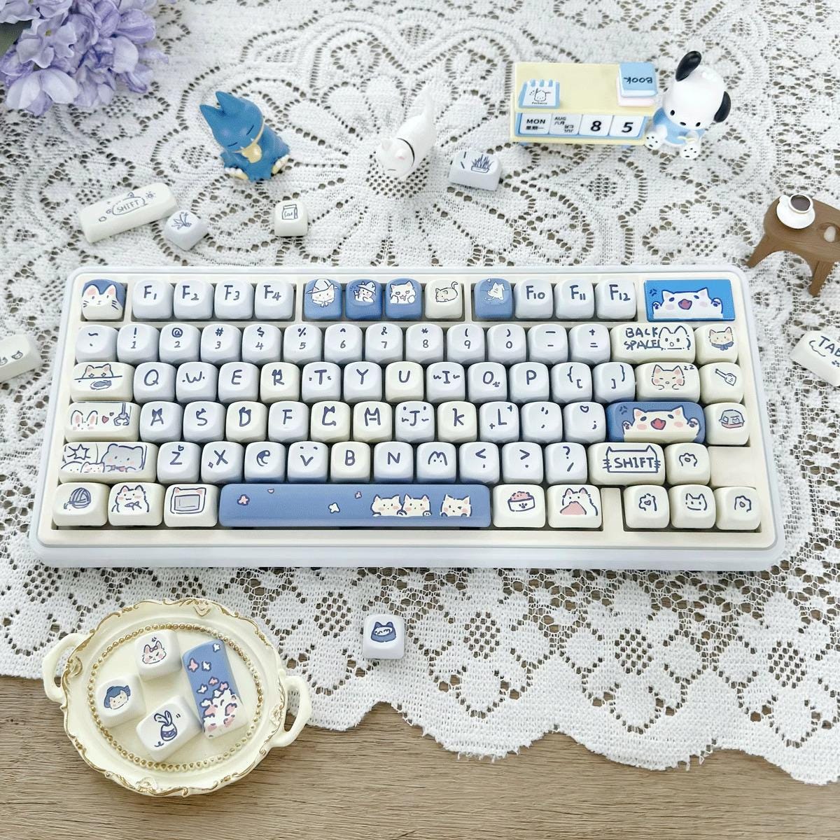 Cute Blue Cat Meow Theme Artisan Keycap Set