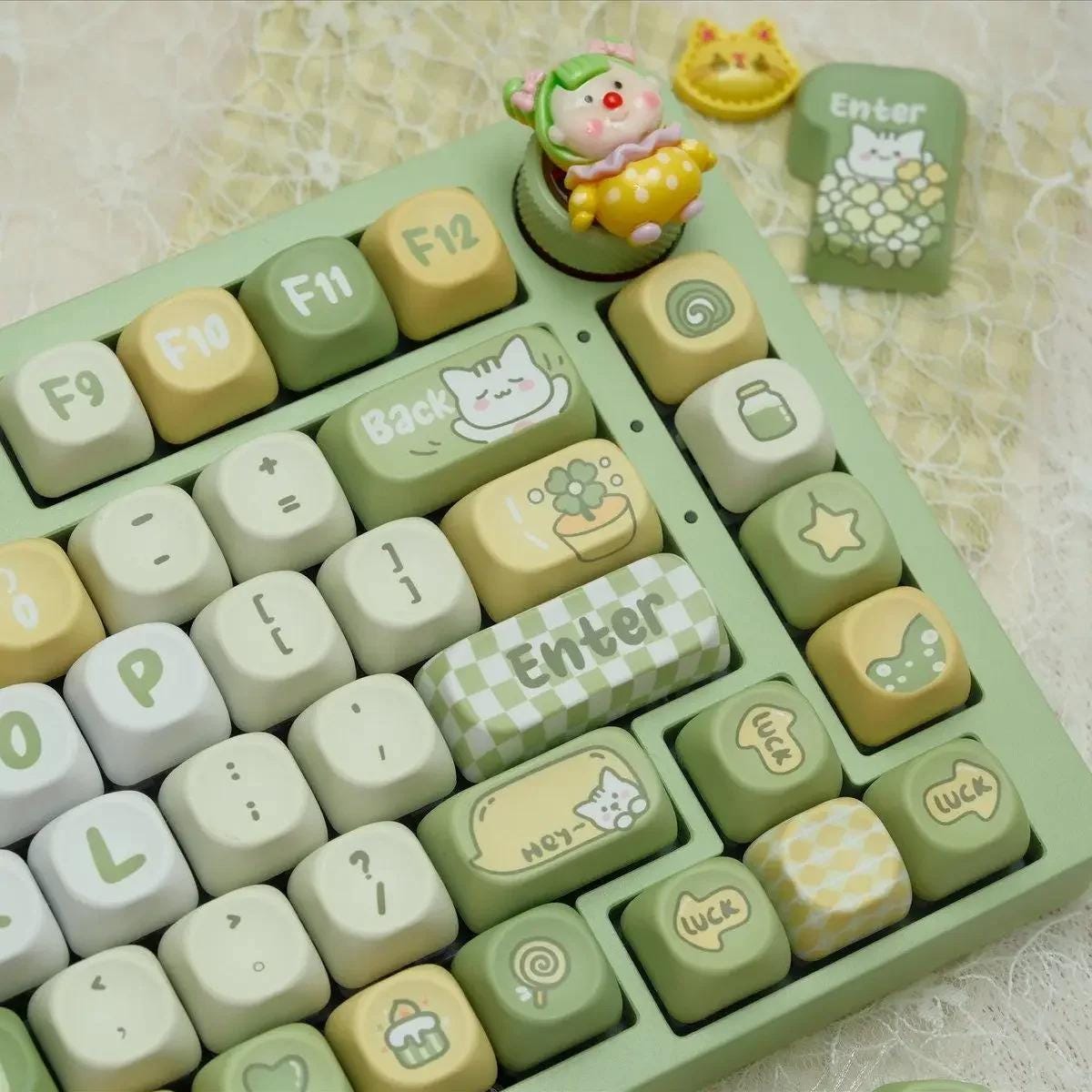 Cute Green Lucky Cat Theme Artisan Keycap Set