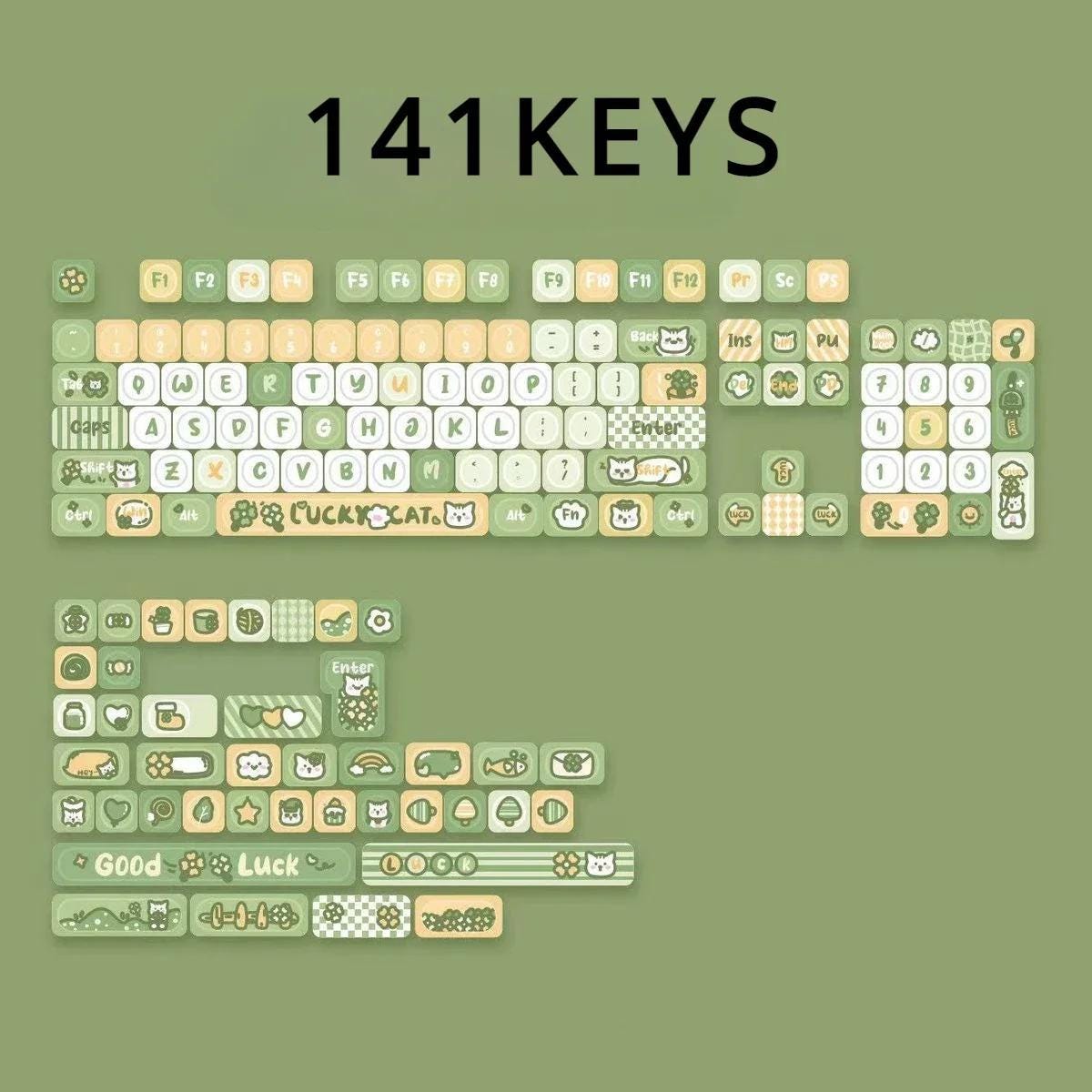 Cute Green Lucky Cat Theme Artisan Keycap Set
