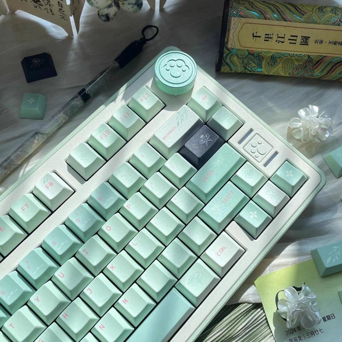Cute Green Matcha Floral PBT Keycap Set