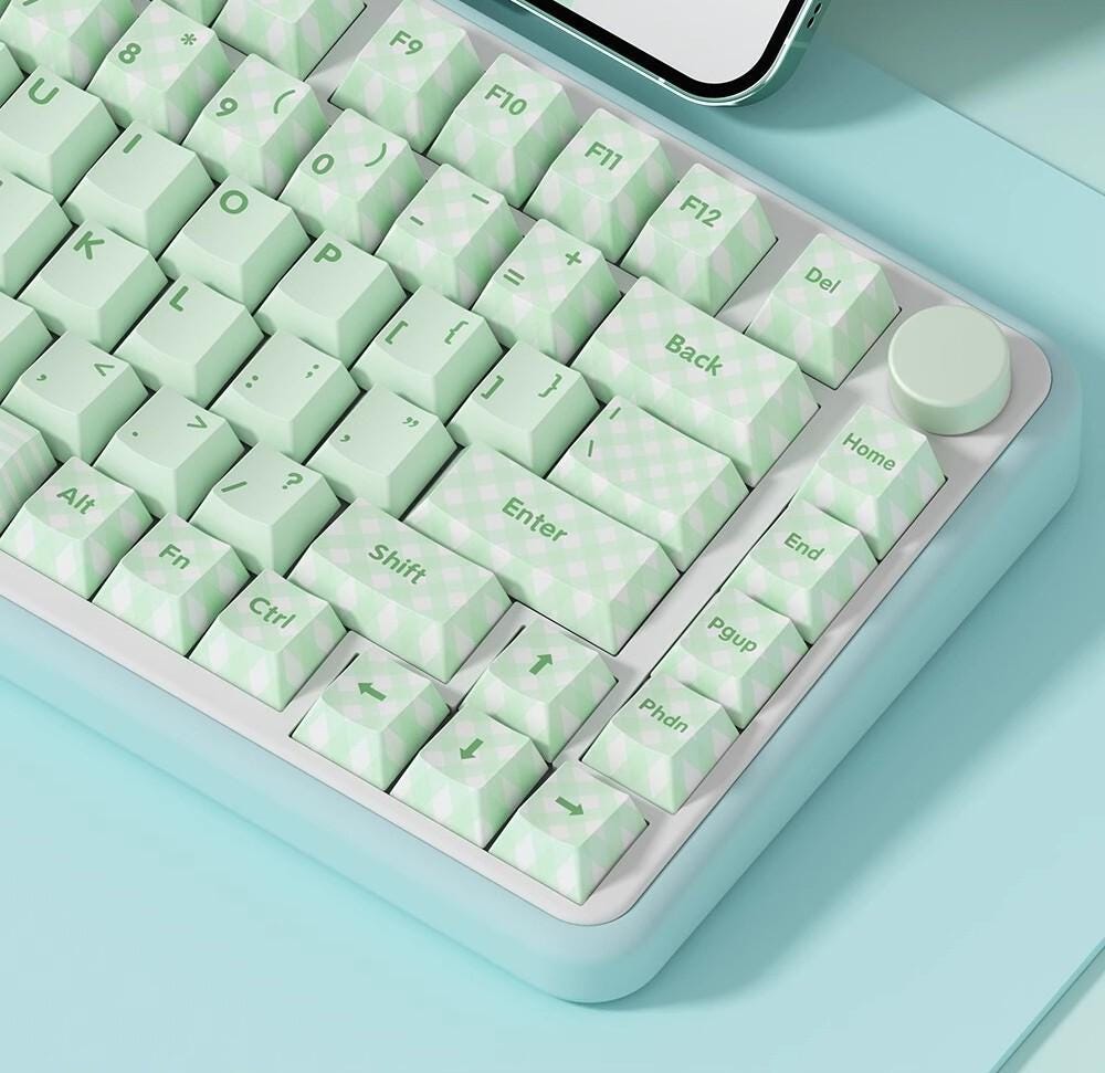 Cute Green Matcha Mint Plaid Keycap Set