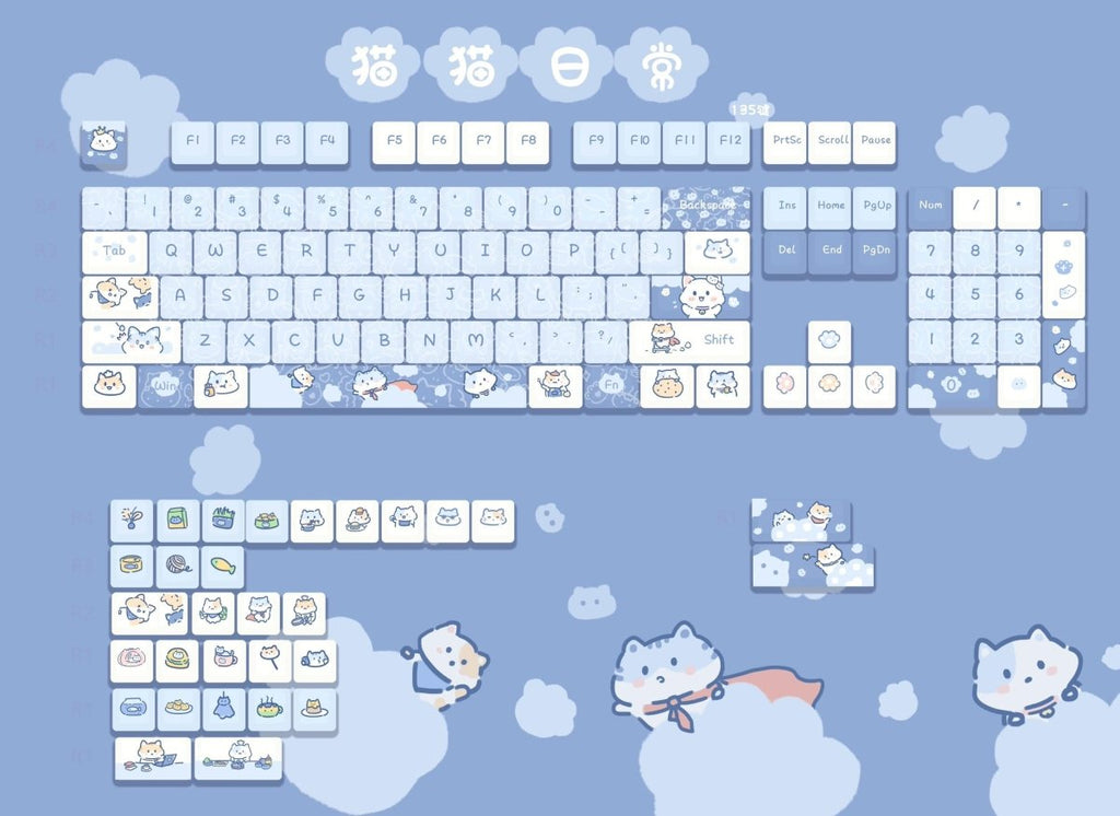 Cute Kitty's Life Theme Blue Cat Keycap Set