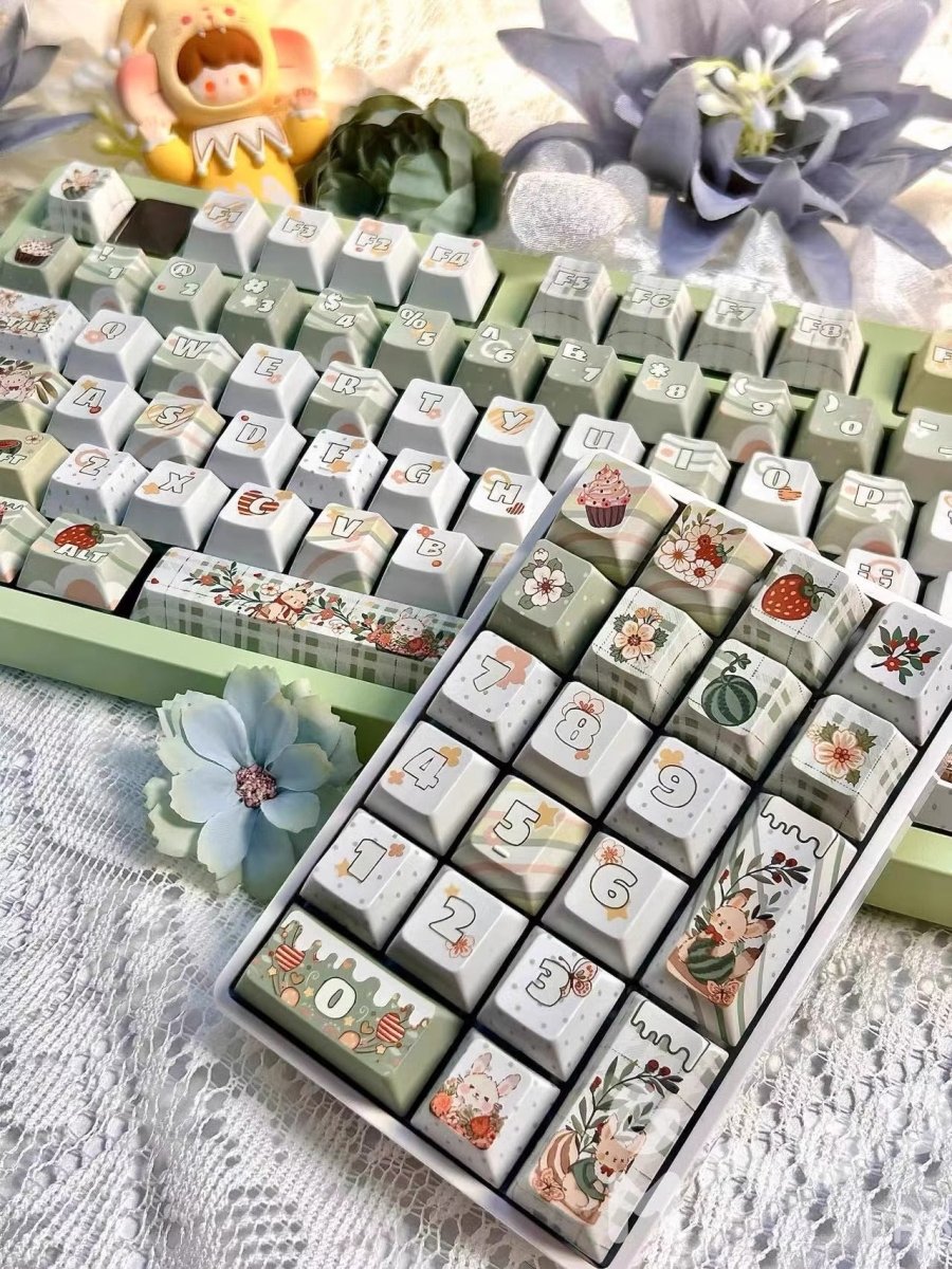 Cute Matcha Green Floral Theme Keycap Set
