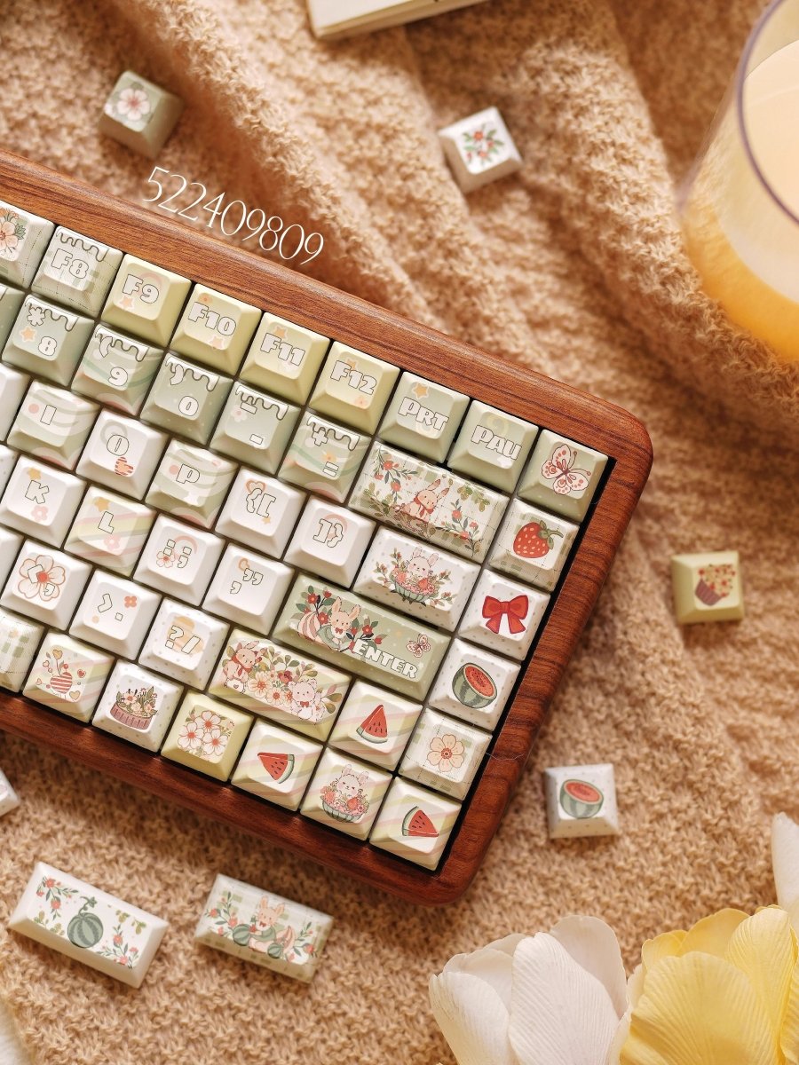 Cute Matcha Green Floral Theme Keycap Set