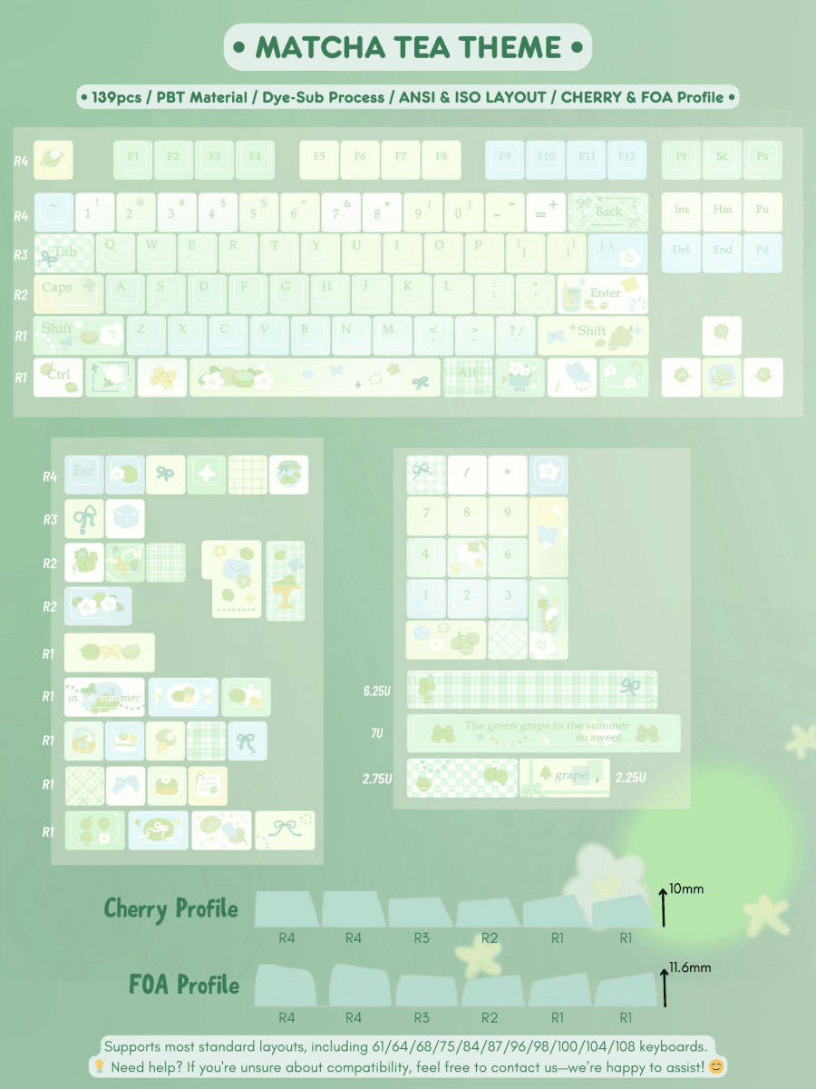 Cute Matcha Tea Theme Green Gradient Keycap Set
