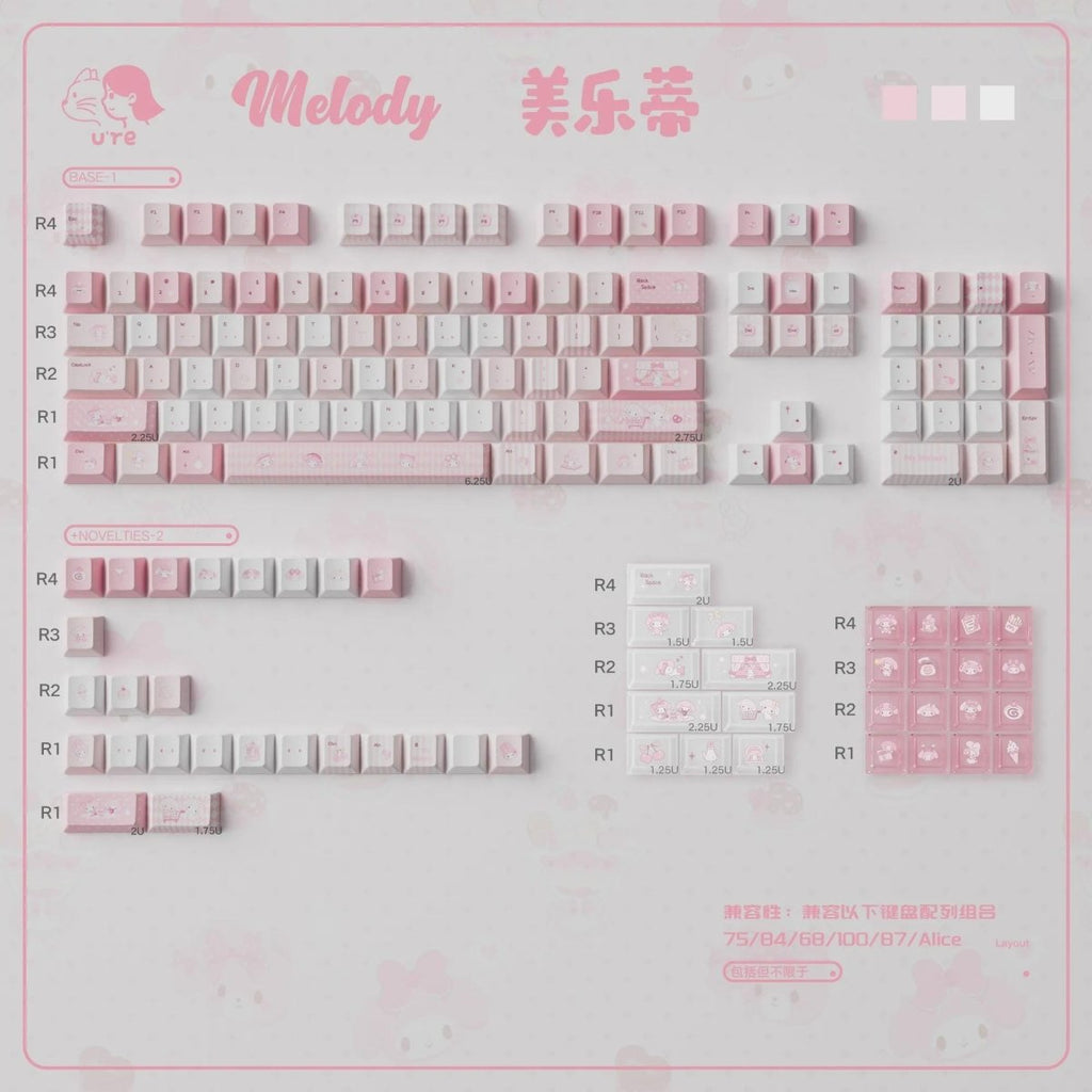 Cute Pink Melody Theme Pastel Keycap Set