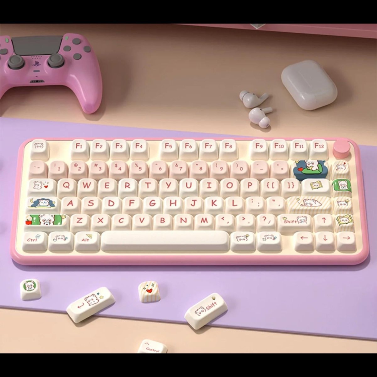 Cute Pink Secret Agent Bear Theme Keycap Set