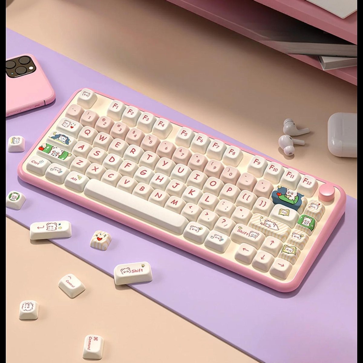 Cute Pink Secret Agent Bear Theme Keycap Set