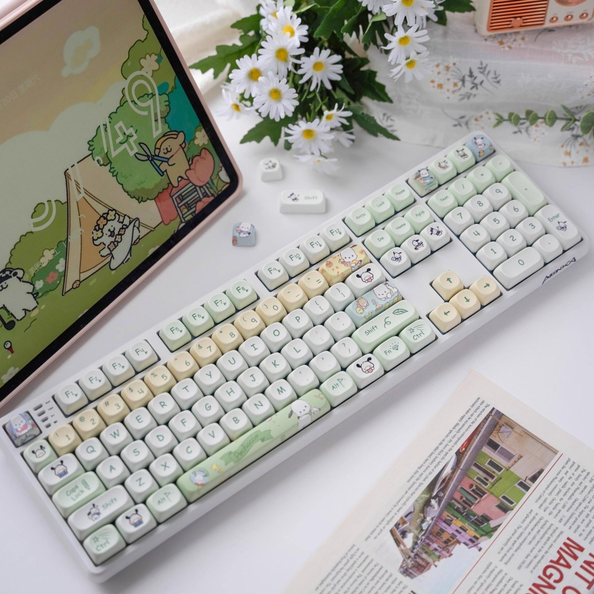 Cute Pochacco Theme Green PBT MOA Keycap Set