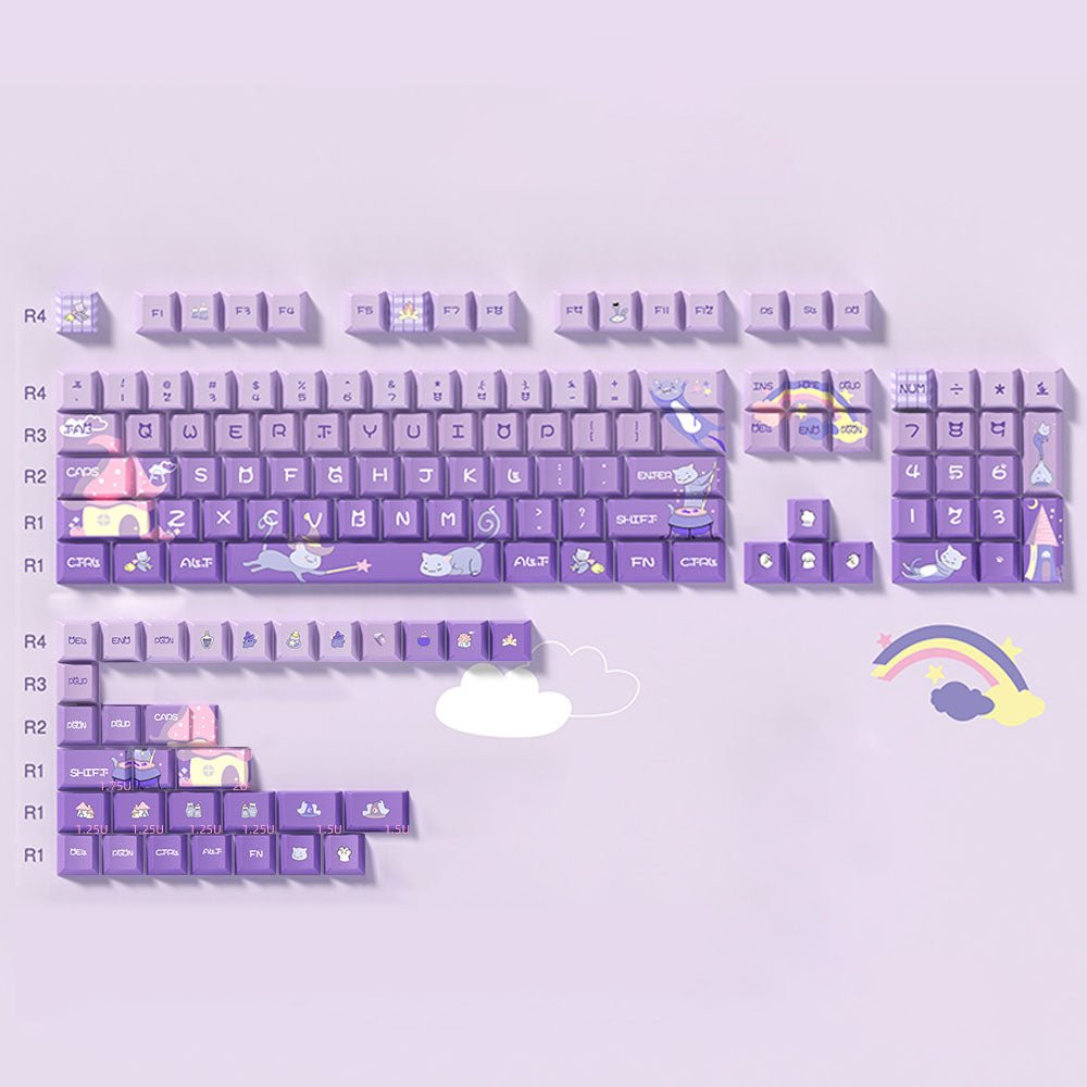 Cute Purple Wizard Cat Theme Keycap Set