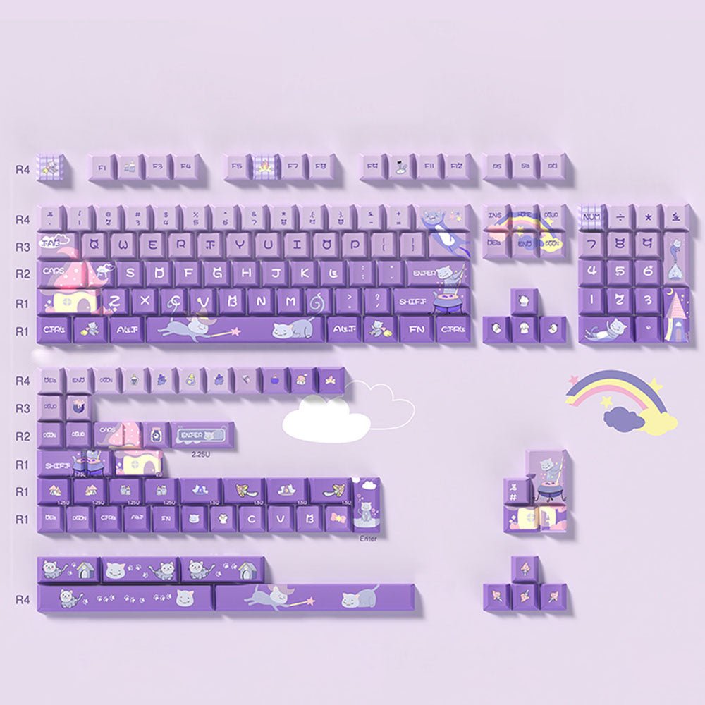 Cute Purple Wizard Cat Theme Keycap Set