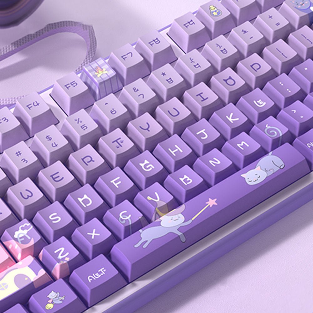 Cute Purple Wizard Cat Theme Keycap Set