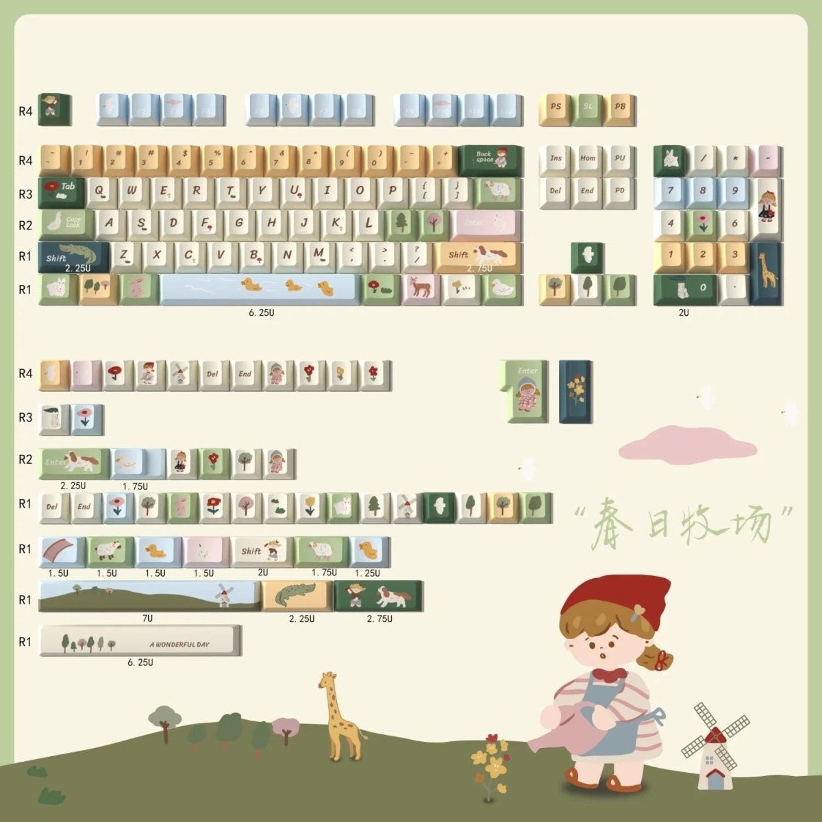 Cute Spring Pasture Theme Artisan Keycap Set